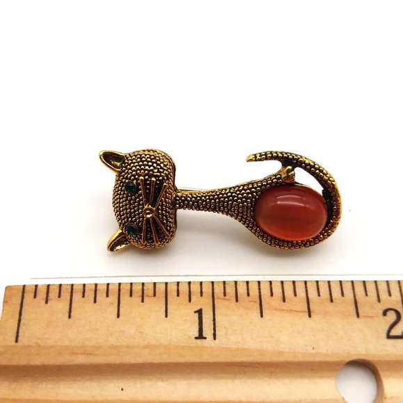 Cat Brooch Green Eyed Rhinestone Pin Stylish Sparkle Gold Metal Gemstone Kitty - Picture 3 of 3
